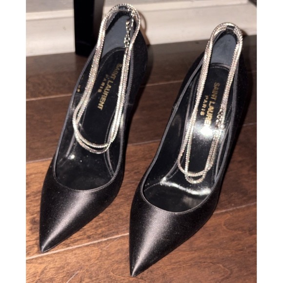 New Saint Laurent Paris Zoe‎ Chain Black Satin Pump  SIZE 36.5 - Picture 4 of 11